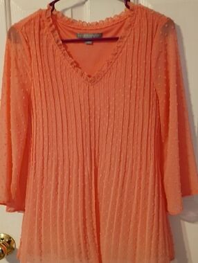 Valerie Stevens Coral Pleated Swiss Dot V-Neck Tunic